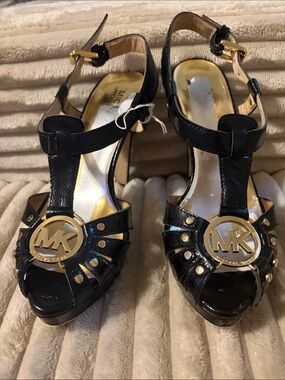 Michael Kors Black Leather T-Strap Platform Heels with Gold Logo